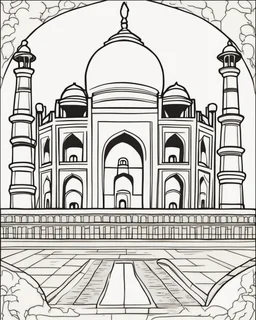 a coloring book, coloring page, depicting the Taj Mahal, cartoon style