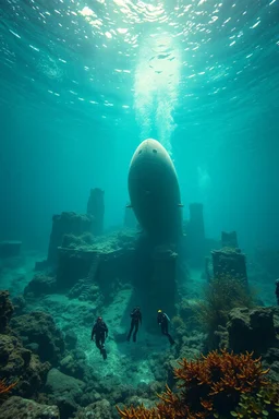 A view of the ruins of Atlantis city under the ocean water with marine plants and , a big submarine is sinking underwater and small divers are diving discovering around , cinematic scenes , high quality picture with rough water