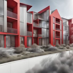 Imágen de arte lineal de una urbanizacion, calidad ultra, hiperdetallado, 8k, color rojo y plateado