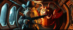 air brush 3d with pen outline,spaghetti boss gunslinger with ammo belts, western fluffy elder goblin troll edgy hero with slightly glowing eyes in front of glistening space lobster dog, shallow depth of field, warm lantern, pin hole cam in doll house space ship air lock, bottom floor board edge border
