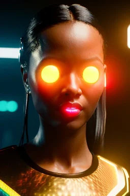 Young business woman, sci-fi, rounded face, blood, black, gold, brown, retro, simetric, circuits, neon style, a lot of led lights, fog, rain, leather, vibrant color, highly detailed, art stations, concept art, smooth, unreal engine 5, god rays, ray tracing, RTX, lumen lighting, ultra detail, volumetric lighting, 3d, finely drawn, high definition, high resolution.
