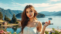 create a realistic photo of beautiful lady with make up in Austeria country side house standing hands relax pose next to pretty lake with ships,trees houses,wild flowers, pretty beach ,and distance mountains 16 by 9