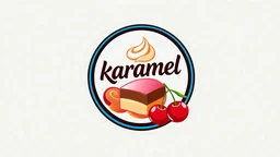 A round logo with a black and blue border named (karamel) designed for a candy store with a red and pink gold color theme on a white background and the use of cream and chocolate candy symbols and a few cherries hanging from the side of the logo in the design