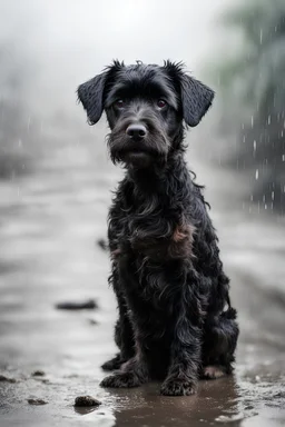 Stray homeless black terrier dog. Sad abandoned mixed breed hungry puppy sitting over a white background under rain. Dirty wet lost dog outdoors. Pets adoption, shelter, rescue, help for pets