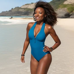Aisha Tyler reaches extreme relax on the beach in her Hunza G’s silhouette swimsuit