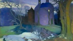 A light purple haunted winter keep with ice ghosts painted by Paul Gauguin