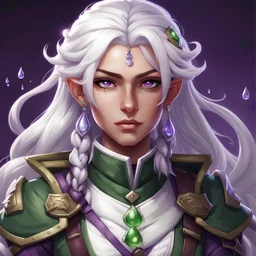 dnd, female human, white hair, green military uniform, purple eyes, bard, stern, braid, emblem with 3 spiraling drops