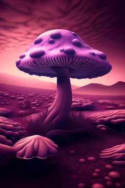 hongo psilocibe en un paisaje surrealista en tonalidades de violeta