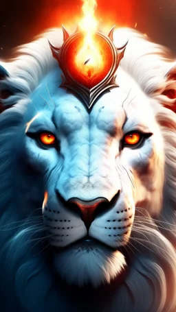 The face of a powerful white lion with one blue eye and one red eye and a crown of fire on the head in the middle of the image with a blazing sun and sword behind her head.
