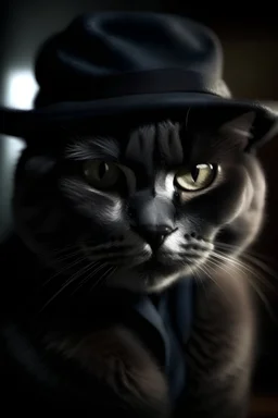 primer plano de un gato detective que viste ropas oscuras, muy misterioso él y el lugar donde se encuentra