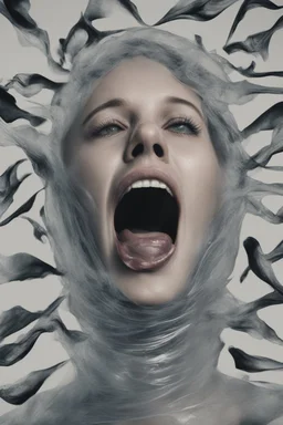 A realistic , 8k high quality image of a person's face from above, face is covered with a plastic, can't breath, suffocating with the face showing like vacuumed under the plastic, eyes open and looking in fear, metaphorically depicting the suffocating grip of anxiety, gothic and dramatic, chaos80 , with debree flying around, abstract