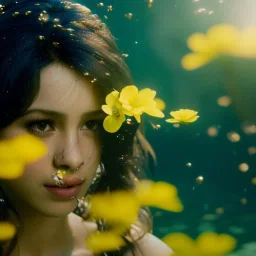 Camila Cabello as Jasmine underwater with yellow flowers for hair, closed eyes, rtx, reflection, 8k, glow, winning photography, caustics