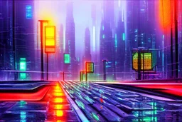 Futuristic cyberpunk street foreground, impressionism painting