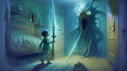 a lovecraftian alien overlord emerges from a child's bedroom closet and the child holds a giant magical sword