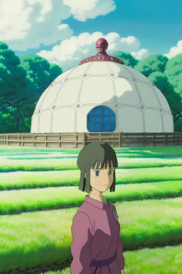 A breathtaking image of Yui, donned in her oxygen farmer's attire, standing before the grand, translucent dome encasing a thriving forest. Sunlight filters through the dome, casting a warm glow on Yui's determined face.