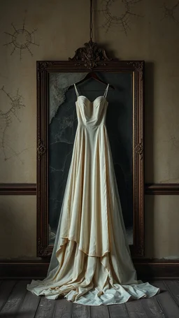 An old dusty wedding dress hanging on the wall in front of cracked big mirror on the wall of an abandoned room , Bosch painting style, sad and tragic and dark scenes