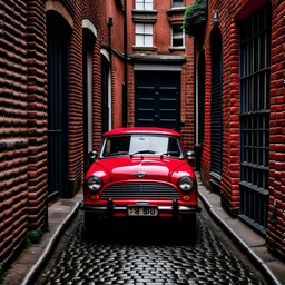 The Mini Cooper parked in an old alleyway and it 's red .