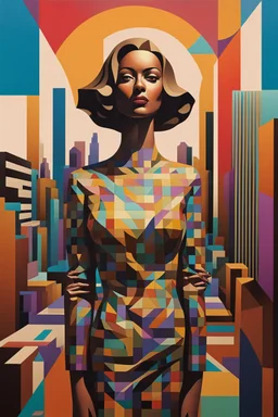 a painting of a woman standing in front of a city, op art, retro 3 d graphics, bronze - skinned, geometric curves, featured art, philosophical splashes of colors, art brought to life, facial symmetry