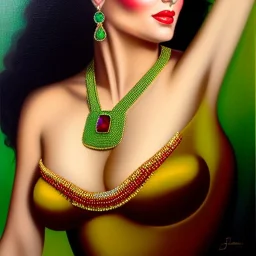 oil Portrait on canvas of busty beautiful young Dejah Thoris with big crystal clear green eyes looking to viewer,realistic,intrincate detail, with ruby necklace by Adam hughes 16k