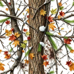 detailed Real Tree Camouflage made of sticks, twigs, tree bark, green pine branches, dried maple leaves, snow and dirt, white background, seamless repeatable texture camo pattern