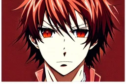 Detailed pretty anime boy, brown hair with blonde strips, keep head in frame, headshot, glaring, brown eyes, covered in bandages, looking serious, illustration, digital painting, only one character, color scheme red, wearing many bandages, Osamu Dazai inspired, anime inspired, manga, dazai, red hair, Chuuya, pretty, scruffy, angry, brooding, manga inspired, small nose, long lower eyelashes, handsome, widows peak, headshot, glaring, cute, wearing a bandage on neck, small nose, scruffy hair