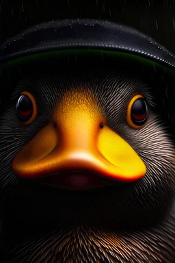 Portrait of a duck, close-up, wearing a hat, in the pouring rain, large drops dripping down the hat, the duck is dry, gloomy colours, gloomy skies, very neat digital artwork, unreal engine, blender art by artgerm, magnificent composition, ultra-realistic, intricate design and detail, photorealistic, very detailed and delicate processing, 32k UHD, sharp super focus, perfect image, perfect composition, a masterpiece, golden ratio, art direction, super quality model