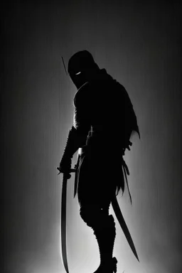 Background is dark grey, almost black. There is a head and torso silhouette looming in the picture, completely masked by a black kevlar suit with two sword handles visible behind the silhouette.