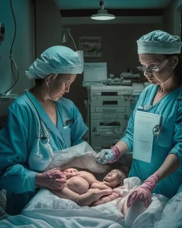 image of two doctors in a hospital surgical theatre holding a newborn baby