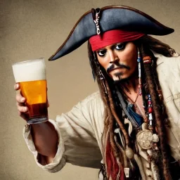 8k 4d photo realistic Highly detailed portrait of captain Jack sparrow holding a beer illustration