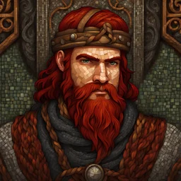 picture made of mosaic tiles in a style of medieval mosaic, Dnd, fantasy, portrait, illustration, only face, dwarf, blacksmith, kind, hearthy, red hair, braided beard