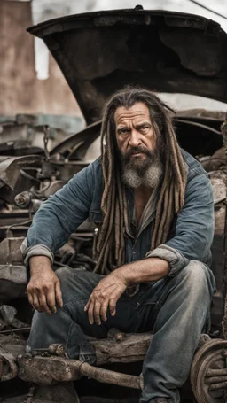 photography of a dirty burly chubby gipsy manly man serious repairing a car, , 48 years old, beefy, ugly , dreadlocks, sweat, with completely broken cotton pants, bulge, beard , angry eyes, bare-chested, huge belly, in industrial area, photorealistic, side light, view angle from low , ambient occlusion