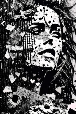 Ultra detailed medium portrait painting of happiness , torn up collage of clippings, beating heart line background, scattered flowers, crumbled Paper, memories on black and white photos, matrix effects, punk visual art, punk art aesthetic, graffiti art, pop surrealism, collage art, cluttered paint glitches