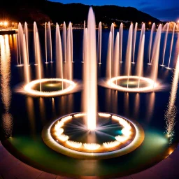 Create a scene where 16 fountains in a small sea shoot water jets in the shape of a love symbol, creating beautiful splashes in the water.