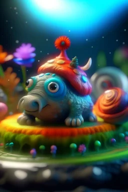 portrait of cute fluffy camo toy wolly mammoth snail jewelry in a water slide holding weird flowers in his trunk in the style of pixar, on a strange planet with weird colors and waterfalls, bokeh like f/0.8, tilt-shift lens 8k, high detail, smooth render, down-light, unreal engine, prize winning