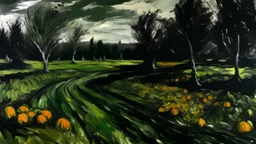 Dark green wetlands with pumpkins painted by Claude Monet