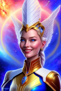 cosmic woman admiral from the future, one fine whole face, large cosmic forehead, crystalline skin, expressive blue eyes, blue hair, smiling lips, very nice smile, costume pleiadian,rainbow ufo Beautiful tall pleiadian Galactic commander, ship, perfect datailed golden galactic suit, high rank, long blond hair, hand whit five perfect detailed finger, amazing big blue eyes, smilling mouth, high drfinition lips, cosmic happiness, bright colors, blue, pink, gold, jewels, realistic, real