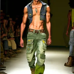 latin model catwalk wearing cargo jeans with patch jellow and green