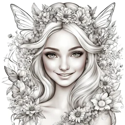 fairy with flowers, beautiful face, mischievous, smile, each image face is unique, Mariola Budek art style, coloring page style,8k, black and white, smooth edges, each image unique, smooth ink line, the blonde, each image is unique, view, each image is unique style, each image is unique design,