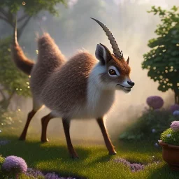 pixar style, volumetric summer garden environment and background, realistic painting of gazelle, looking excited, volumetric lighting, dramatic lighting, detailed digital painting, extreme dense and fine fur, anime, ornate, colour-washed colors, elegant, small minutiae, tiny features, particulars, centered, smooth, sharp focus, renderman gofur render, 8k, uhd, detailed eyes, realistic shaded volumetric lighting, sunlight caustics, backlight, centered camera view