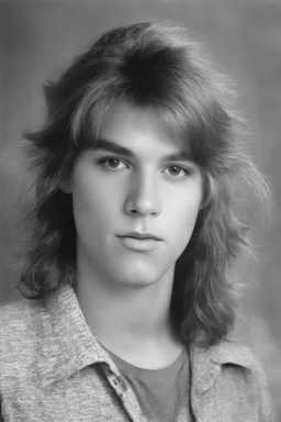 1980's yearbook photo, teenager, Vince Neil, 14 years old, photorealistic, --ar 9:16 --style raw