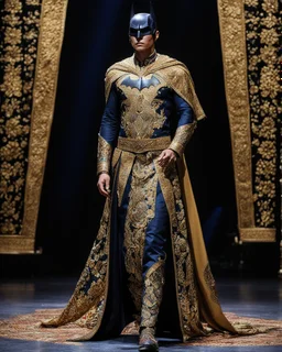 Full length picture A Batman in a luxury fashion man batik traditional pattern javanese heritage dress with delicate gold and full diamonds colored crystal jewelry, walking on stage