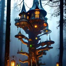  ((( An steampunk style Treehouse, in an sinister forest, at night, with many lanterns and lit windows.))), < 22h> stand:8.0, draw cosmic, inspired by russ mills, armor:metal & bone alloy, intricate carvings. swirling electro-biopunk energies, very very heavy influence from dark souls. art by artgerm, hdr < lucidmix> < hasdx>