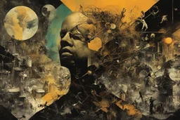 Time collapses in on itself engulfing the vain pursuits of the insane, neo surrealism, striking, atmospheric, dreamlike, in the graphic novel style of Dave McKean, stylish, vivid colors, asymmetric, disjointed, non linear, collage, painterly