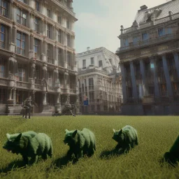 Des loups verts attaquent en meute le parlement de l union européene situé à Bruxelles, chassent les occupants du bâtiment. Details ultimes. 4k. Qualité de la lumière maximale. Qualité des ombres maximales. Qualité image maximale.