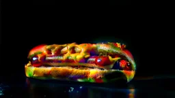A hot dog sandwich with mustard and ketchup on a black background