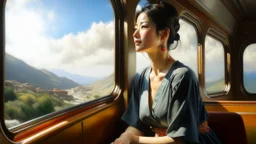 Neoclassicism japanese woman looking at window happy to sky in train realistic cote d'azur painting