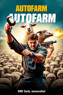 "Design a 90s-style action movie poster titled 'AUTOfarm.' Feature a heroic mechanic in the foreground, fiercely battling thousands of adversaries with a spanner. In the background, include a determined sheep wielding a machine gun. Capture the high-energy, gritty aesthetic of classic 90s action films, with intense and dynamic elements. Prominently display the subtitle ' BMI Suck weeweehole' in bold, impactful lettering."