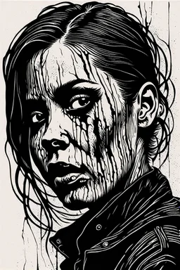 create a deep powerful tragic and evocative, full body woodcut of a raw and weathered gothpunk female with highly detailed facial features, lost in a horrific post apocalyptic world, in the style of KATHE KOLLWITZ , searing lines and forceful strokes