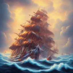 an abstract painting of pirate ships, high waves, colorful, highly detailed