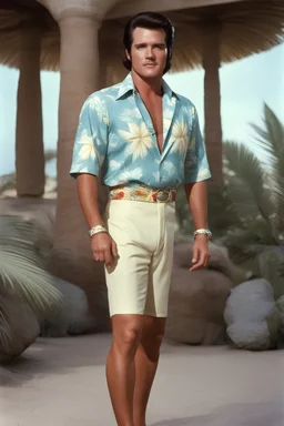 Elvis Presley/Lee Majors/George Reeves with medium length bob-styled brown hair, a mustache, wearing a Hawaiian shirt and Bermuda shorts- well-lit, UHD, 1080p, professional quality, 35mm photograph by Scott Kendall